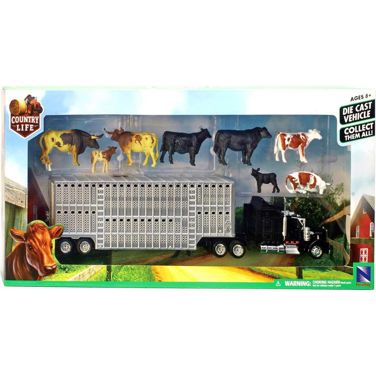 New Ray Free-Wheeling Semi Truck and Trailer with 1:43 Livestock Playset - with Cows