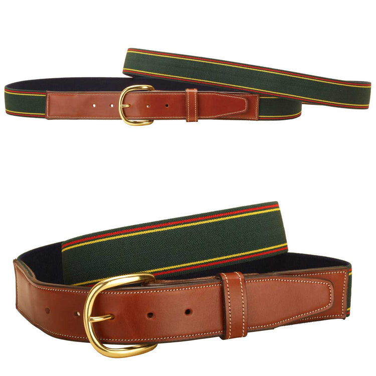 Tory Leather 1-1/2" Green/Red/Yellow Elastic Belt With Oakbark Leather Billets