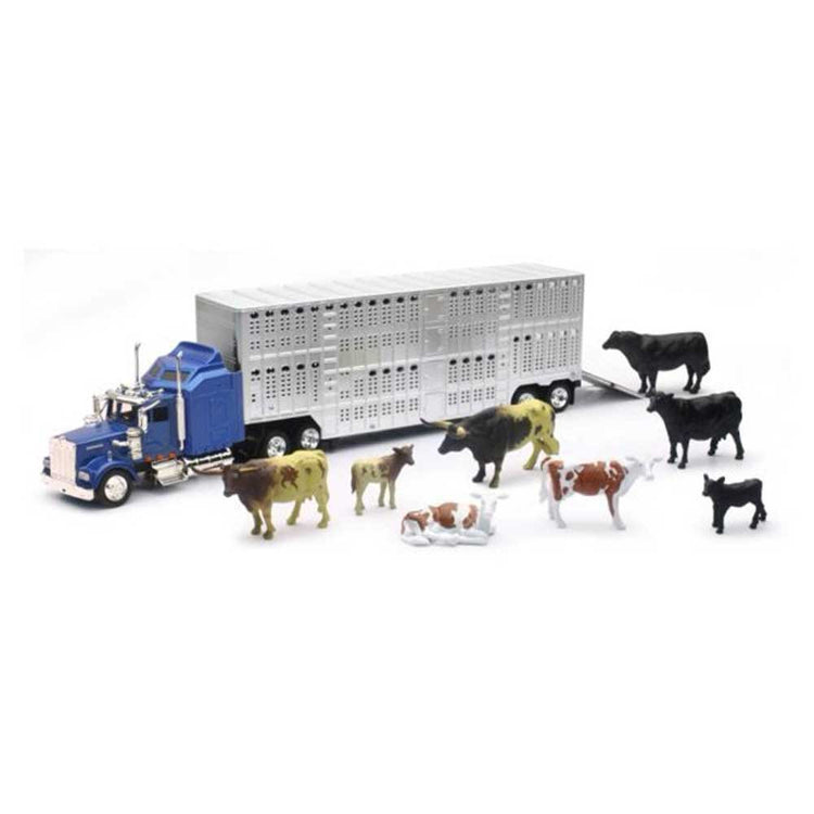 New Ray Free-Wheeling Semi Truck and Trailer with 1:43 Livestock Playset - with Cows